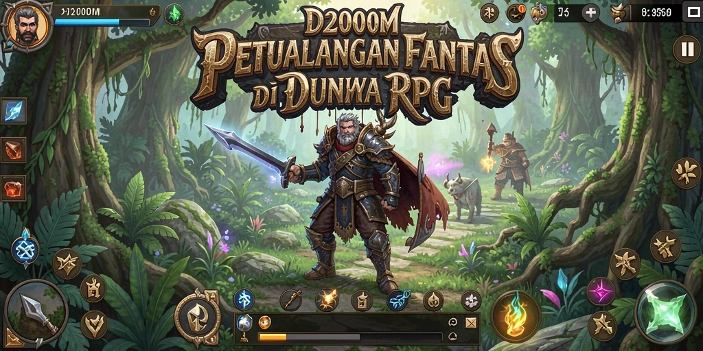Screenshot D200M menampilkan pertarungan seru di dunia fantasi.