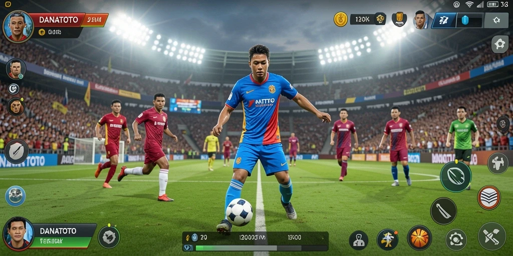 Tampilan gameplay menyerupai pertandingan sepak bola nyata.