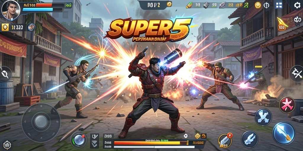 Gameplay menegangkan dalam SUPER5 dengan menara berbagai jenis.