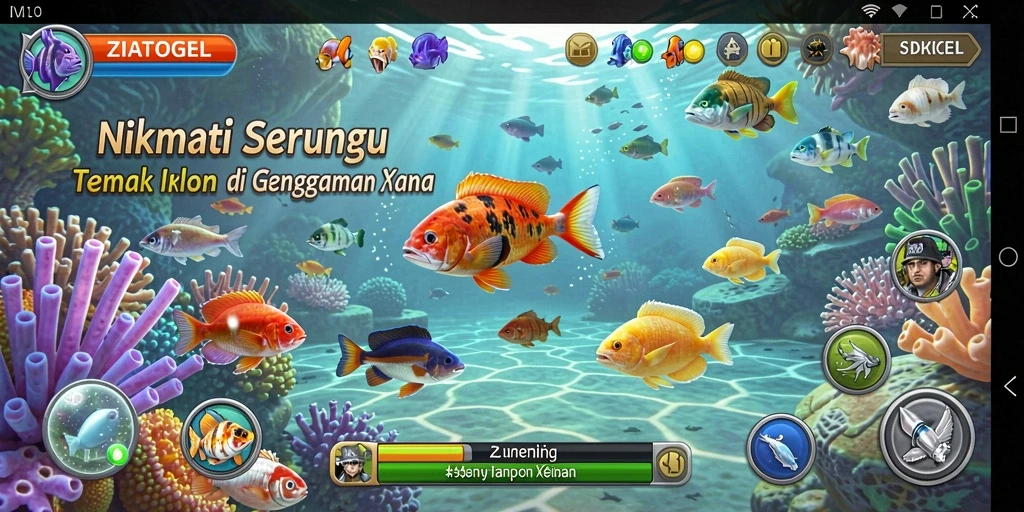 Tampilan layar permainan ZIATOGEL dengan aksi menembak ikan.